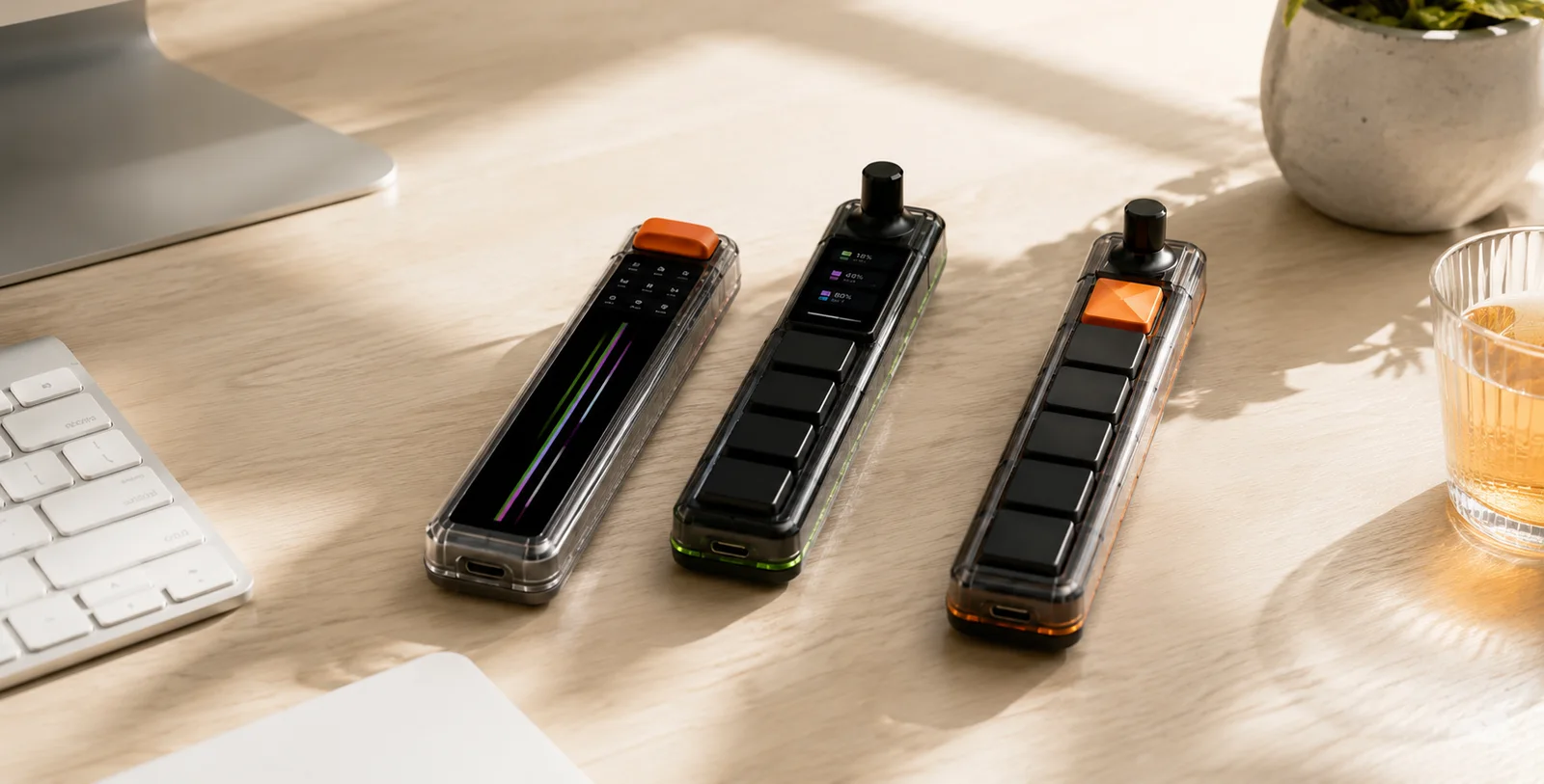 Keybar, Dashbar, and Screenbar arranged on a sunlit desk