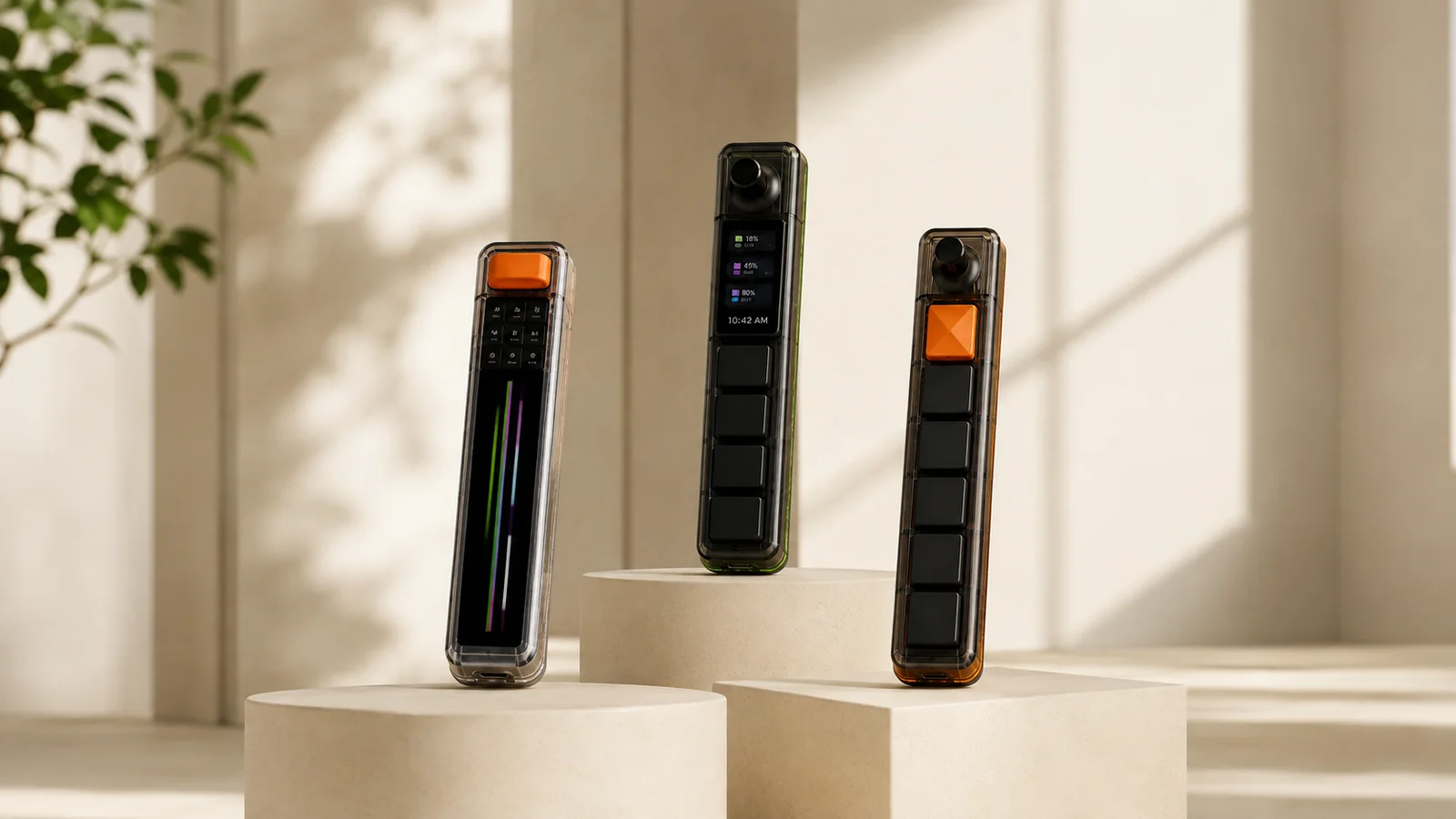 The three Commontheory controllers displayed on minimal sunlit plinths